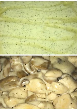 Una foto de Crema de calabacín y solomillos de pollo con quesos y champiñones 🍄