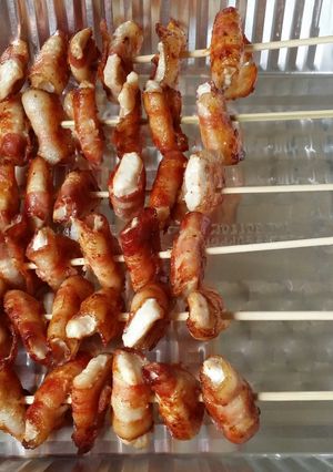A picture of Bacon Wrapped Grilled Chicken Shishkabob.