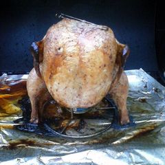 A picture of beer can chicken.