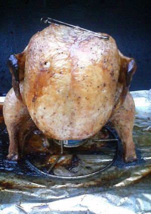 A picture of beer can chicken.
