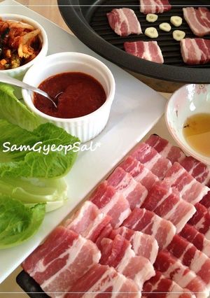 A picture of Samgyeopsal: Korean-style Pork Belly BBQ At Home.