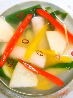 A picture of Daikon Radish and Cucumber Mul (Water) Kimchi.