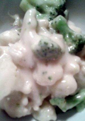A picture of cheesy cauliflower and broccoli.