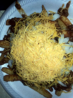 A picture of Lentil chili cheese fries.