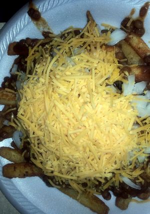A picture of Lentil chili cheese fries.