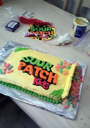 A picture of Sour Patch candy "box" cake.