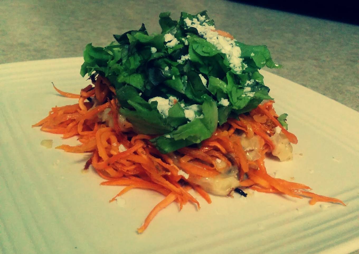 Quick yam noodles with "alfredo" sauce and greens