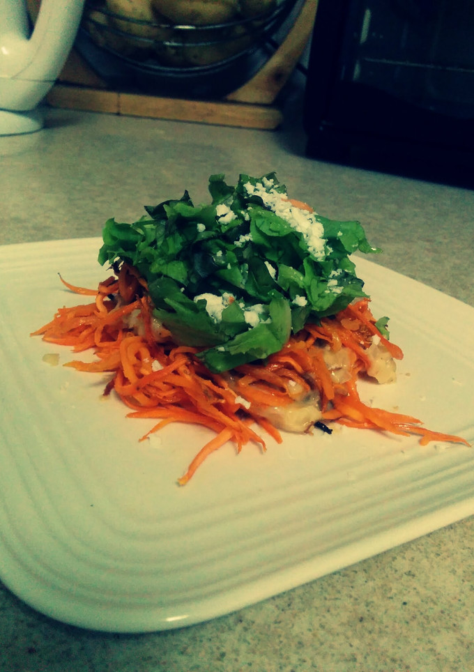 A picture of Quick yam noodles with "alfredo" sauce and greens.