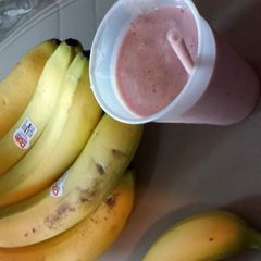 A picture of strawberry and banana smoothie.