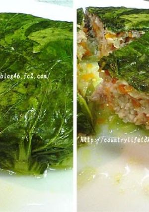 A picture of Ground Chicken Wrapped in Bok Choy.