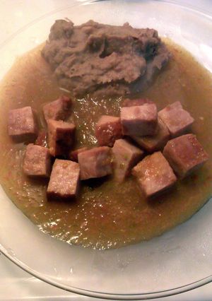 A picture of ham with salsa.