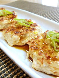 A picture of Chicken and Burdock Root Tsukune Patties with Mustard and Ponzu.