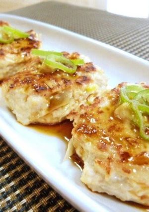 A picture of Chicken and Burdock Root Tsukune Patties with Mustard and Ponzu.