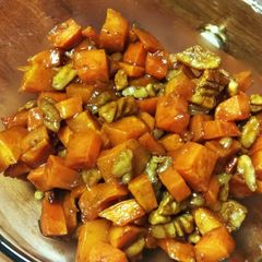 Honey and cinnamon roasted sweet potatoes and pecans A picture of Honey and cinnamon roasted sweet potatoes and pecans.