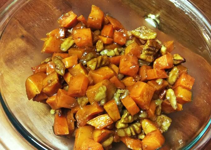 Honey and cinnamon roasted sweet potatoes and pecans