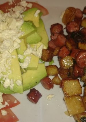 A picture of Diced potatoes and sausage.