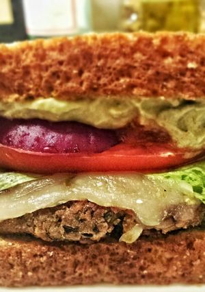 A picture of Black Bean & Avocado Burgers.