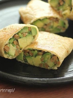 A picture of Crispy Fried Avocado and Natto Wraps.