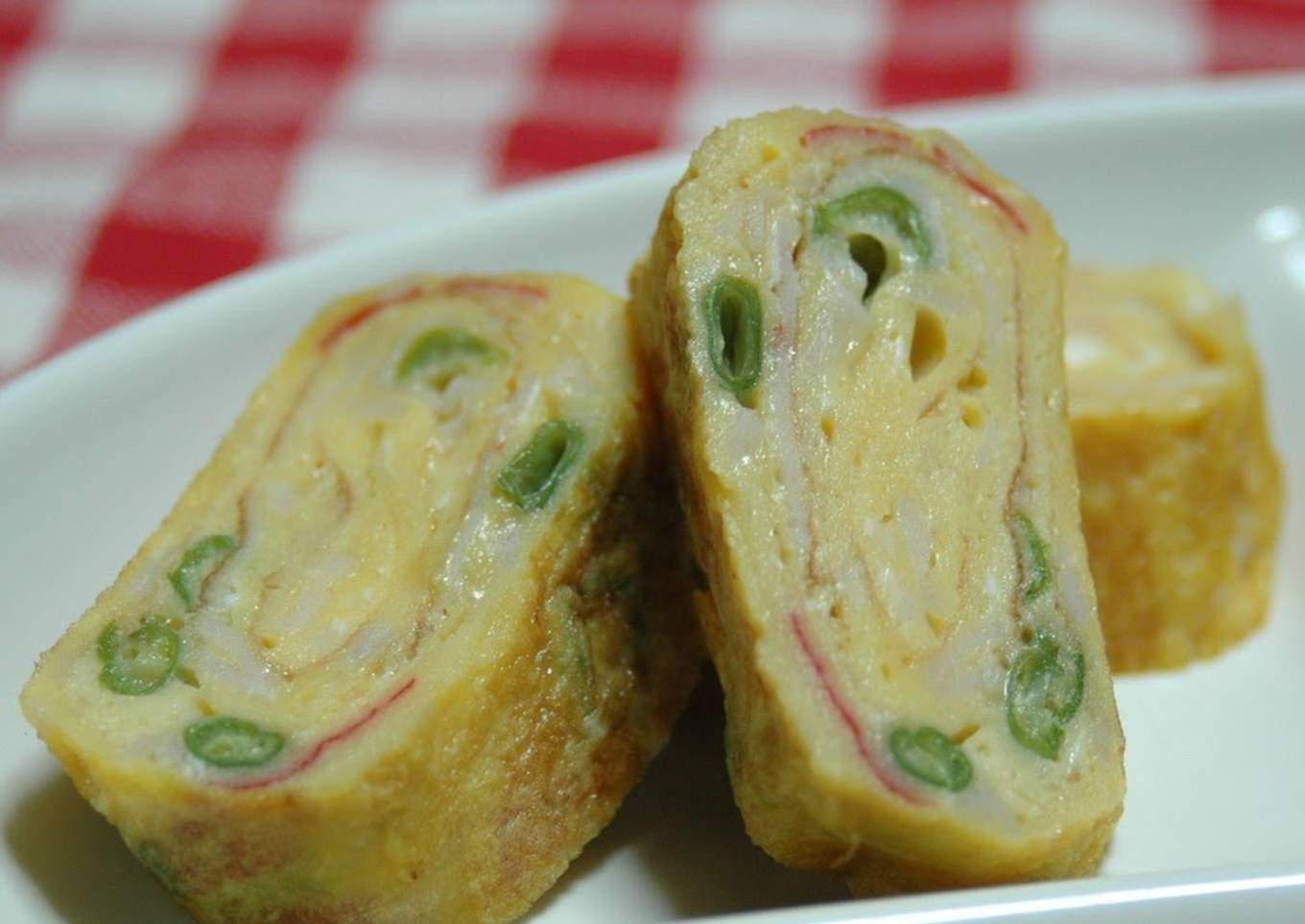 Japanese Style Omelet for Bento with Crab Sticks and Green Beans