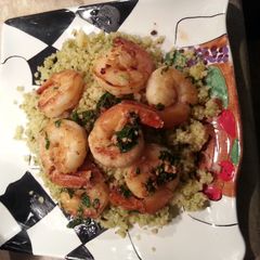 Pesto cous cous with shrimp A picture of Pesto cous cous with shrimp.