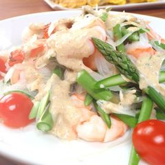 A picture of Prawn & Raw Asparagus Salad with Sesame Dressing.
