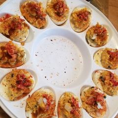 A picture of Buffalo Chicken Dip Deviled Eggs.