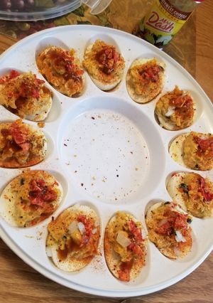A picture of Buffalo Chicken Dip Deviled Eggs.