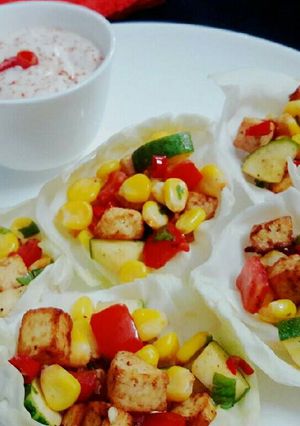 A picture of Cabbage Cups with chilli yogurt dip.