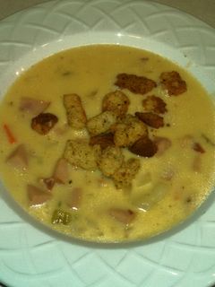 A picture of Cheesy Ham and Potato soup.