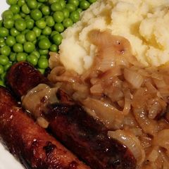 A picture of Vickys Sausages with Mustard Mash & Onion Gravy, GF DF EF SF NF.