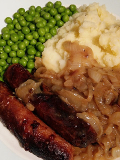 A picture of Vickys Sausages with Mustard Mash & Onion Gravy, GF DF EF SF NF.