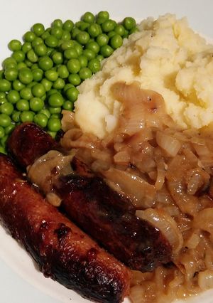 A picture of Vickys Sausages with Mustard Mash & Onion Gravy, GF DF EF SF NF.