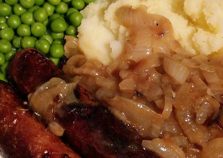 Simple Way to Prepare Perfect Vickys Sausages with Mustard Mash &amp; Onion Gravy, GF DF EF SF NF