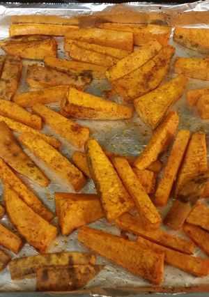 A picture of Baked sweet potato wedges.