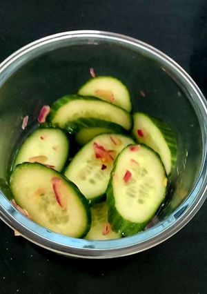 A picture of Sweet & Spicy Cucumber spring recipe 💜#Kitchenwordsearch.