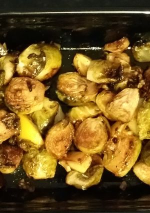 A picture of Roasted Potatoes and Brussels Sprouts with Lemon.