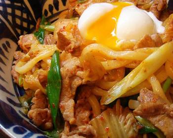 The New Way Prepare Recipe Stirfried Pork and Kimchi Udon Noodles with Poached Egg Delicious