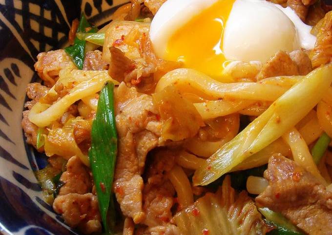 Stir-fried Pork and Kimchi Udon Noodles with Poached Egg