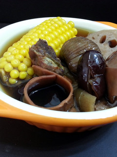 A picture of Lotus Root And Sweet Corn With Pork And Dried Seafood Soup.