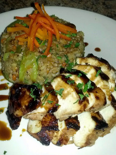 A picture of Teryaki Chicken with Stir-fry rice.