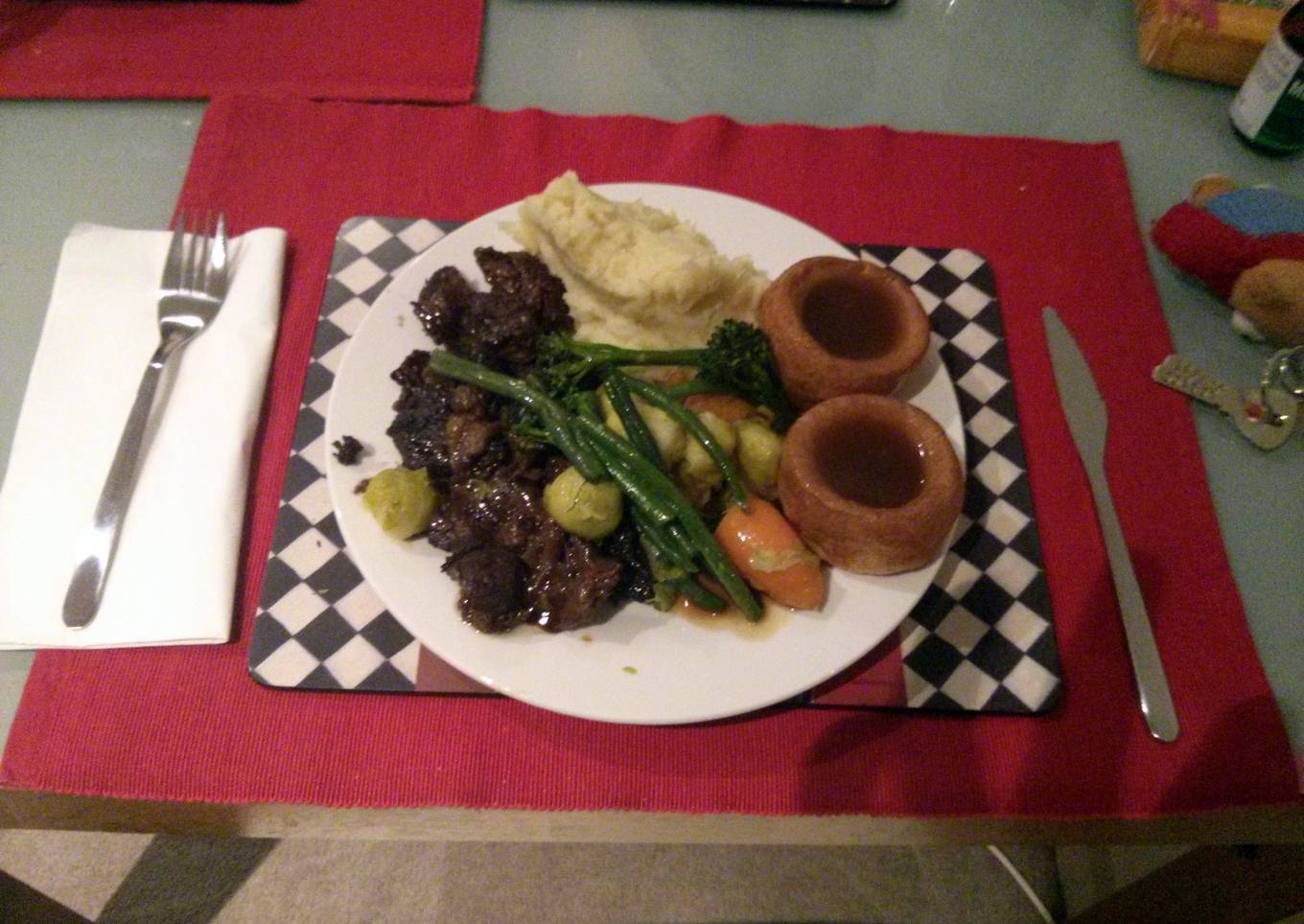 Beef in Guinness with celeriac purée,Yorkshire pudding and veggies