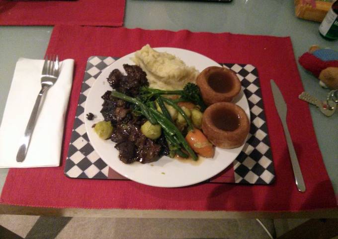 Easiest Way to Prepare Quick Beef in Guinness with celeriac purée,Yorkshire pudding and veggies