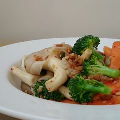 A picture of Broccoli And Mushroom With Dried Shrimp.