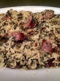 A picture of EASY ONE PAN Sausage, Spinach and Rice Parmesan.