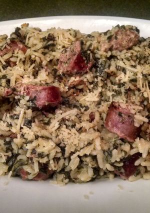 A picture of EASY ONE PAN Sausage, Spinach and Rice Parmesan.