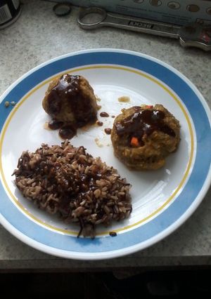 A picture of Stufed chicken balls with miso sauce.
