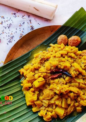 A picture of Kadali Manja Rai (Banana stem curry in mustard paste).