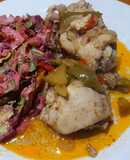 Pollo a la cerveza y remolacha, calabacín, perejil y huevo