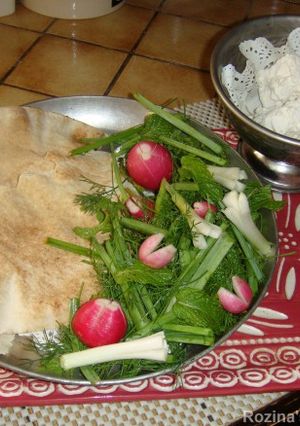 A picture of Traditional Herb salad with bread and cheese OR Sabzi Khordan سبزی خوردن با نان و پنیر.