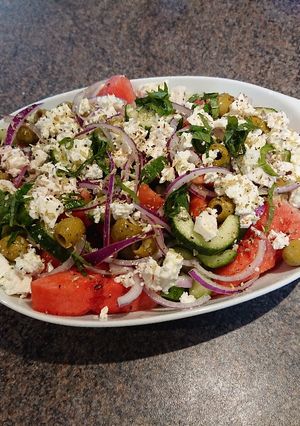 A picture of Watermelon Greek Salad.